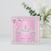 Tiara Pink White Pearls Lace Bow Birthday Party 2 Kaart (Staand voorkant)