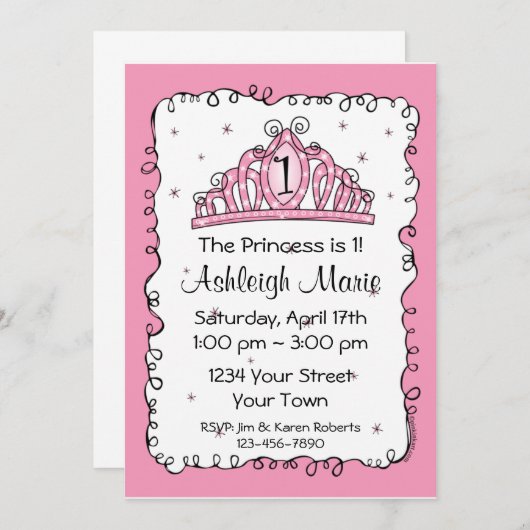 Tiara Princess 1st Birthday Custom Invitation Kaart (Voorkant / Achterkant)