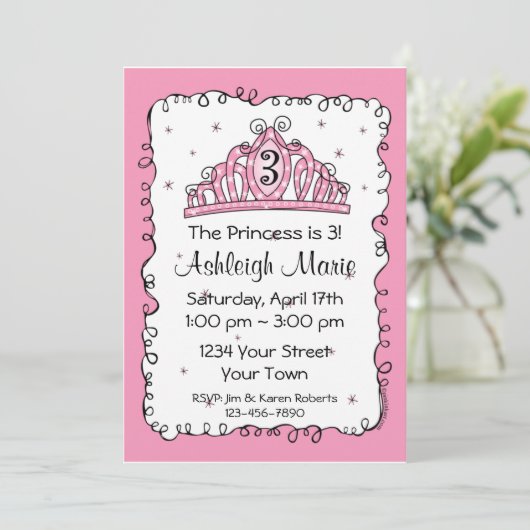 Tiara Princess 3rd Birthday Custom Invitation Kaart (Staand voorkant)