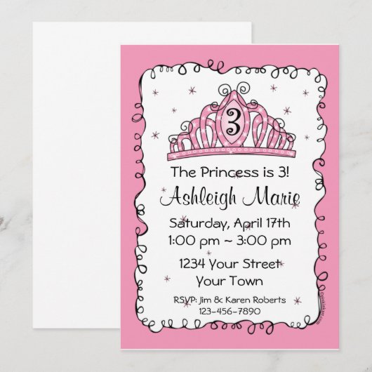 Tiara Princess 3rd Birthday Custom Invitation Kaart (Voorkant / Achterkant)