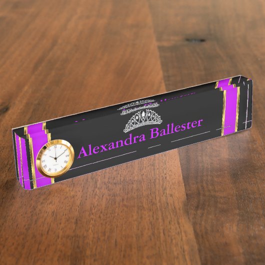Tiara Princess Magenta Paarse Zwart Gouden Naam Naambordje (Zijkant)