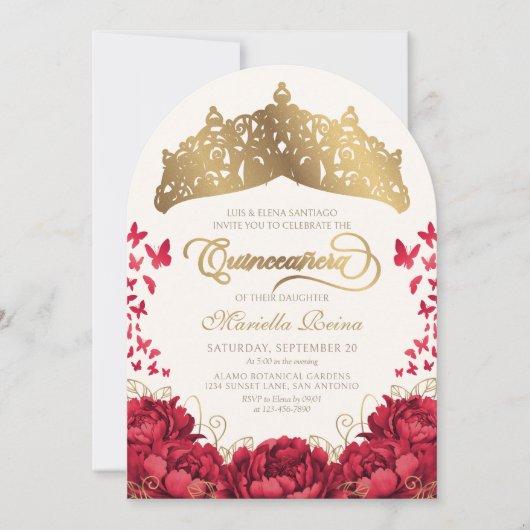 Tiara Princess Rood Goud Elegante Quinceanera Kaart (Voorkant)