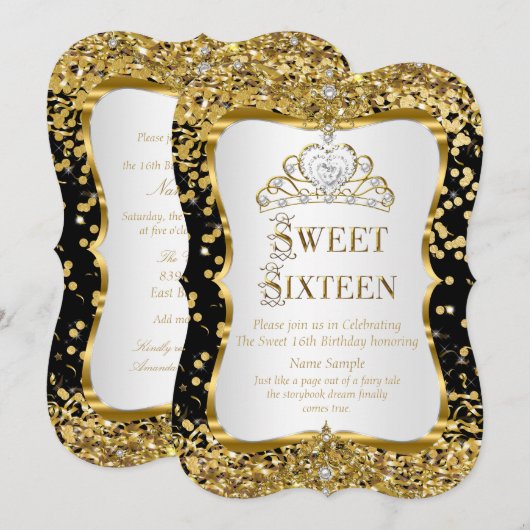 Tiara Princess Sweet 16 Gold Black White Invite Kaart (Voorkant / Achterkant)
