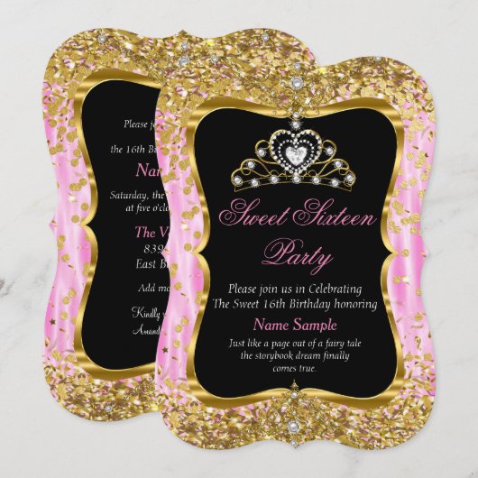 Tiara Princess Sweet 16 Pink Gold Black Invite Kaart (Voorkant / Achterkant)