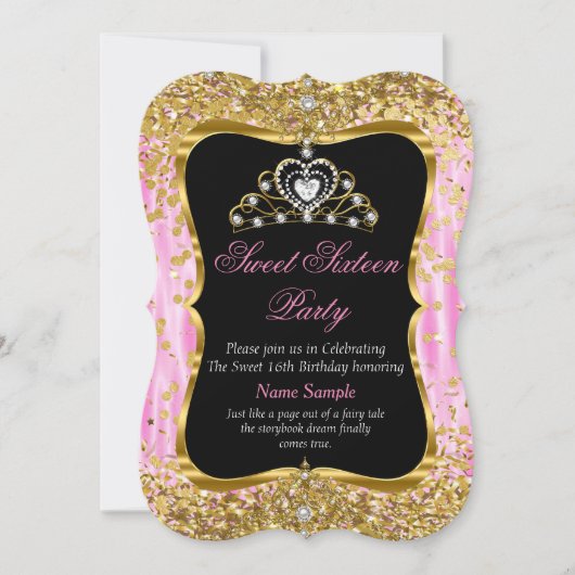Tiara Princess Sweet 16 Pink Gold Black Invite Kaart (Voorkant)