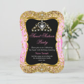 Tiara Princess Sweet 16 Pink Gold Black Invite Kaart (Staand voorkant)