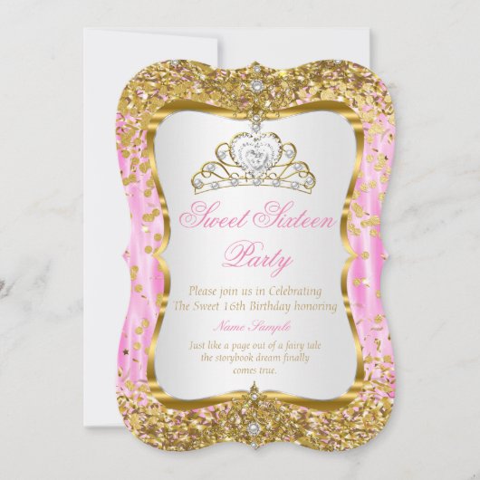 Tiara Princess Sweet 16 Pink Gold White Invite Kaart (Voorkant)
