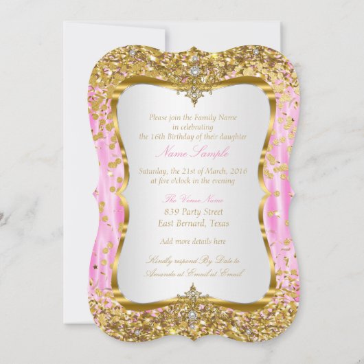 Tiara Princess Sweet 16 Pink Gold White Invite Kaart (Achterkant)