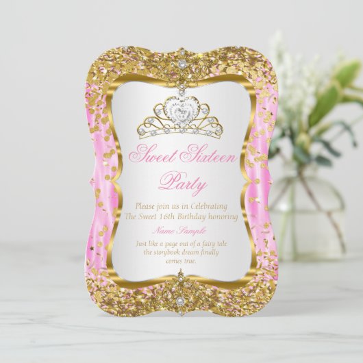 Tiara Princess Sweet 16 Pink Gold White Invite Kaart (Staand voorkant)