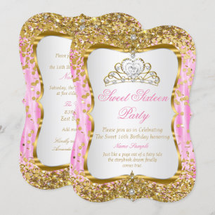 Tiara Princess Sweet 16 Pink Gold White Invite Kaart