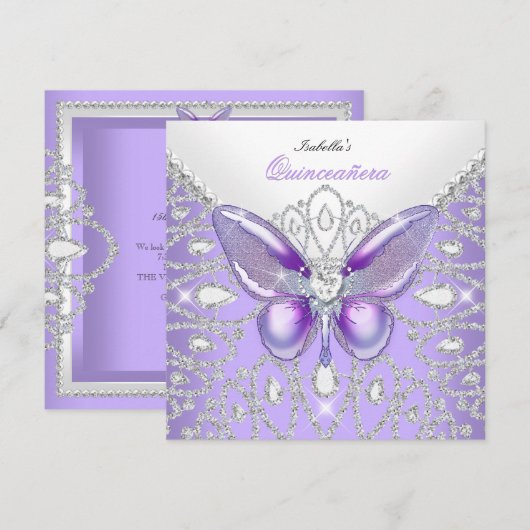Tiara Quinceanera 15th Diamonds Paarse Butterfly Kaart (Voorkant / Achterkant)