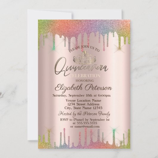 Tiara, Rainbow Glitter drups Quinceañera Kaart (Voorkant)