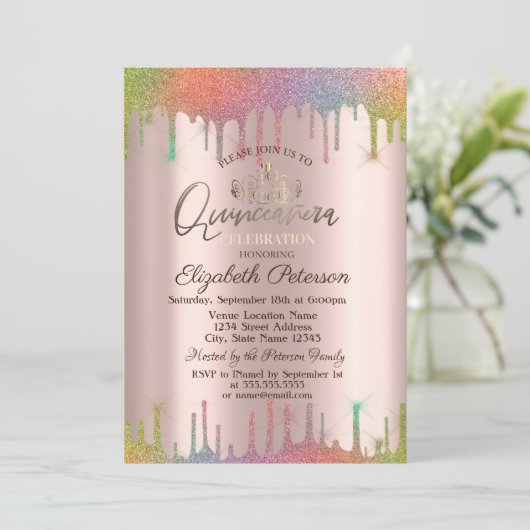 Tiara, Rainbow Glitter drups Quinceañera Kaart (Staand voorkant)