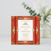 Tiara Red Damask Gold White Birthday Party Kaart (Staand voorkant)