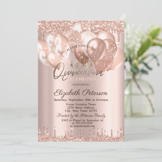 Tiara, Roos Gold Glitter druppels ballonnen Quince Kaart (Staand voorkant)
