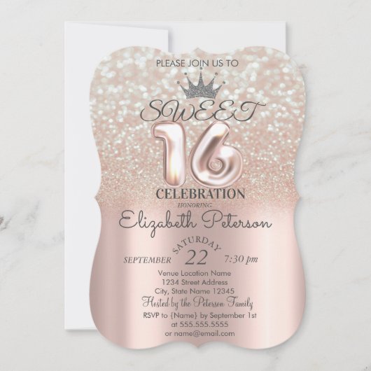 Tiara, Roos Gold Sweet 16 Glitter Bokeh Ombre Part Kaart (Voorkant)