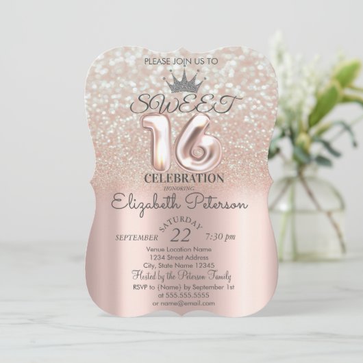 Tiara, Roos Gold Sweet 16 Glitter Bokeh Ombre Part Kaart (Staand voorkant)