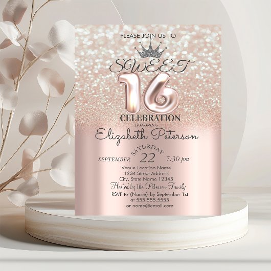 Tiara, Roos Gold Sweet 16 Glitter Bokeh Ombre Part Kaart