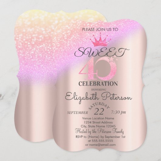 Tiara, Roze Goud Zoete 40e Ombre Glitter Bokeh  Kaart (Voorkant / Achterkant)