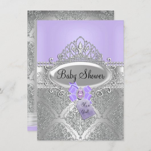 Tiara & Silver Damask Paars Baby shower Invite Kaart (Voorkant / Achterkant)