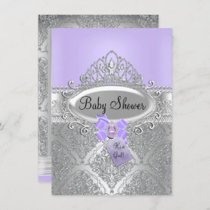 Tiara & Silver Damask Paars Baby shower Invite Kaart