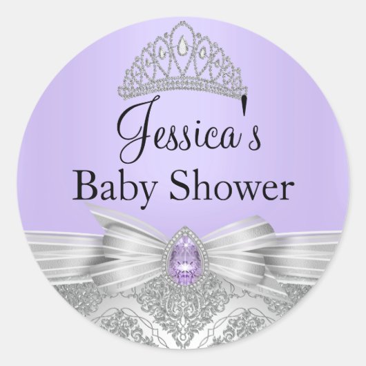 Tiara & Silver Damask Paarse Baby showers Sticker (Voorkant)