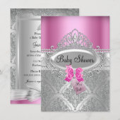 Tiara & Silver Damask Pink Baby shower Invite Kaart (Voorkant / Achterkant)