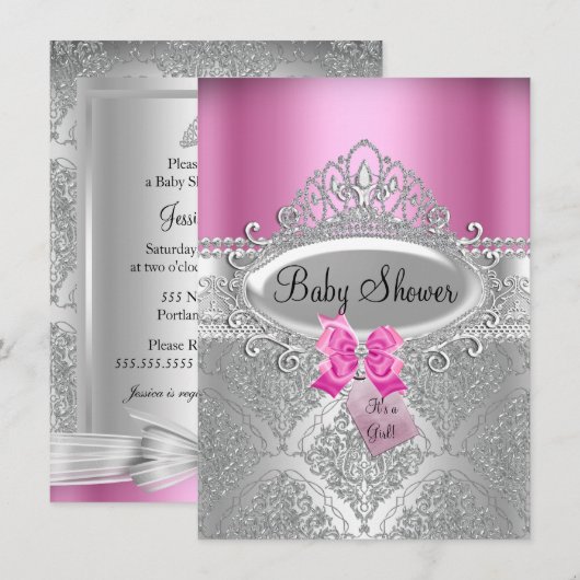 Tiara & Silver Damask Pink Baby shower Invite Kaart (Voorkant / Achterkant)