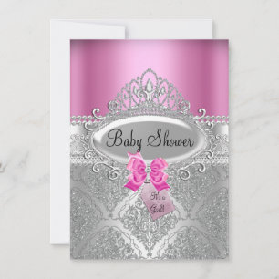 Tiara & Silver Damask Pink Baby shower Invite Kaart