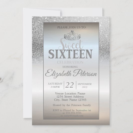 Tiara, Silver Glitter Bokeh Ombre Sweet 16 Party Kaart (Voorkant)