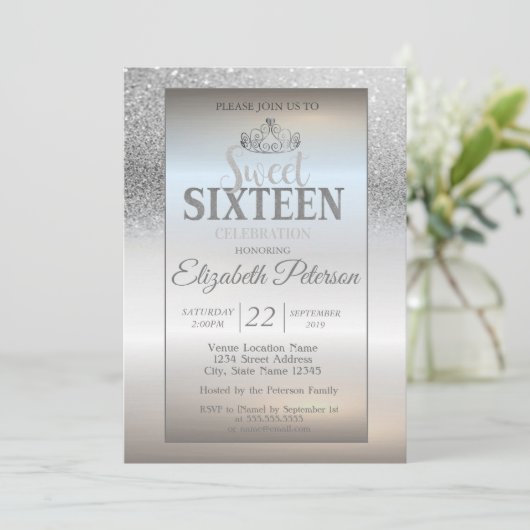 Tiara, Silver Glitter Bokeh Ombre Sweet 16 Party Kaart (Staand voorkant)