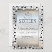 Tiara, Silver Glitter Bokeh Stippen Sweet 16 Party Kaart (Voorkant)