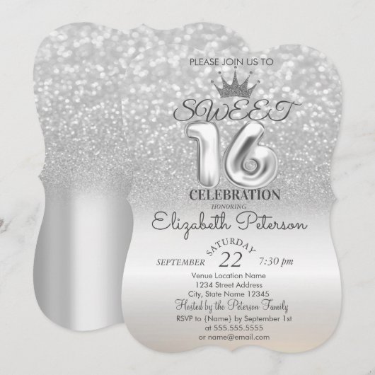 Tiara, Silver Sweet 16 Glitter Bokeh Ombre Party Kaart (Voorkant / Achterkant)