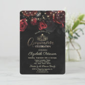 Tiara,Slingerlichtjes Rozen Zwart Quinceañera Kaart (Staand voorkant)