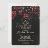 Tiara,Slingerlichtjes Rozen Zwart Quinceañera Kaart (Voorkant)