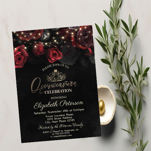 Tiara,Slingerlichtjes Rozen Zwart Quinceañera Kaart