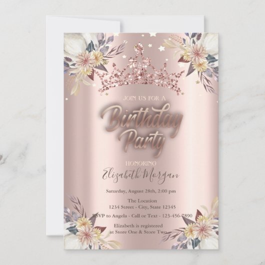 Tiara Stars Flowers Roos Gold Birthday Party Kaart (Voorkant)