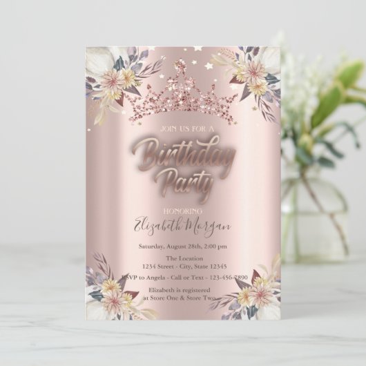 Tiara Stars Flowers Roos Gold Birthday Party Kaart (Staand voorkant)