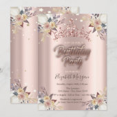 Tiara Stars Flowers Roos Gold Birthday Party Kaart (Voorkant / Achterkant)