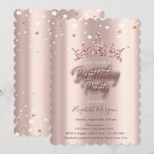 Tiara Stars Roos Gold Birthday Party Kaart (Voorkant / Achterkant)