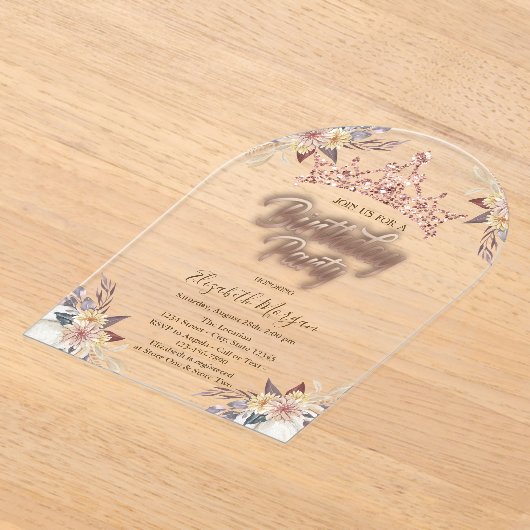 Tiara Sterren Bloemen Roze Gouden Verjaardagsfeest Acryl Uitnodigingen (Laagn)