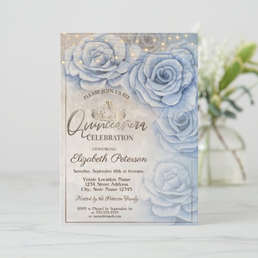 Tiara, String Lights Blue Rozen Quinceañera Kaart (Staand voorkant)