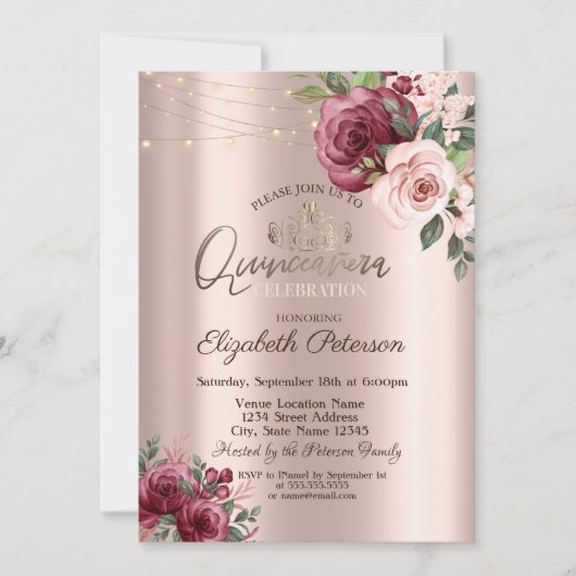 Tiara, String Lights Burgundy Rozen Quinceañera Kaart (Voorkant)