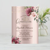 Tiara, String Lights Burgundy Rozen Quinceañera Kaart (Staand voorkant)