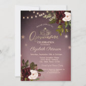 Tiara, String Lights, Burgundy Rozen Quinceañera Kaart (Voorkant)