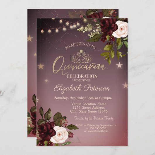 Tiara, String Lights, Burgundy Rozen Quinceañera Kaart (Voorkant / Achterkant)