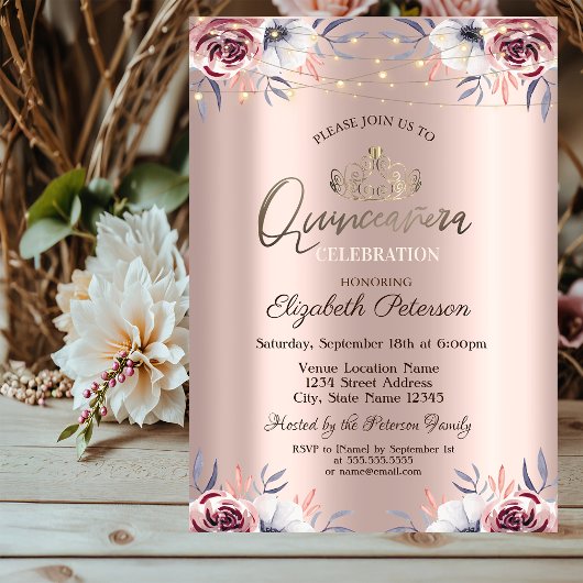 Tiara, String Lights Floral Roos Gold Quinceañera Kaart