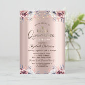 Tiara, String Lights Floral Roos Gold Quinceañera Kaart (Staand voorkant)