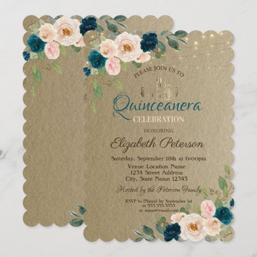 Tiara, String Lights Flowers Kraft Quinceañera Kaart (Voorkant / Achterkant)