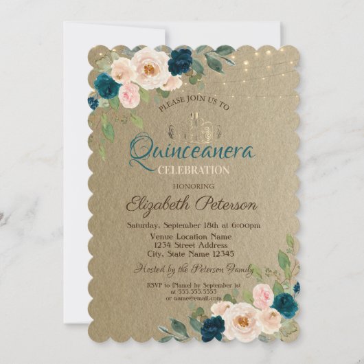 Tiara, String Lights Flowers Kraft Quinceañera Kaart (Voorkant)